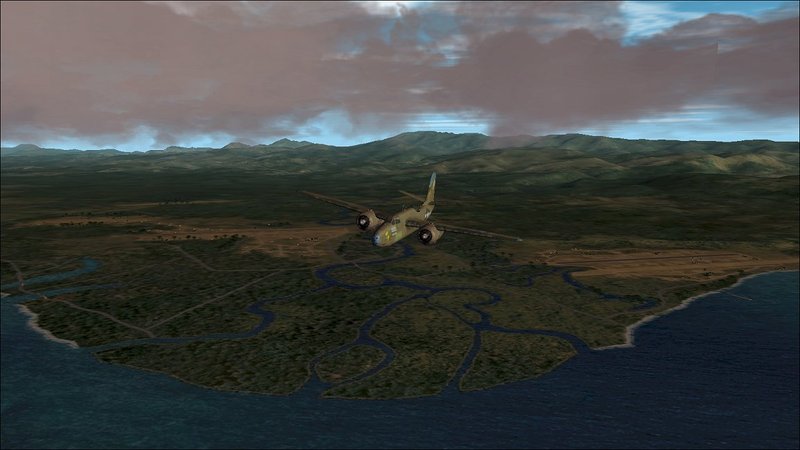 Flying north from Lunga Point with (R to L) Kokum Field (Fighter II), Henderson Field, Fighter I and Fighter III in the distance.