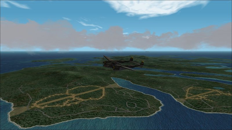 Russell Islands: Flying south-east past Banika Is. with Reanard (South) Field on the left and Sunlight (North) Field on the right.